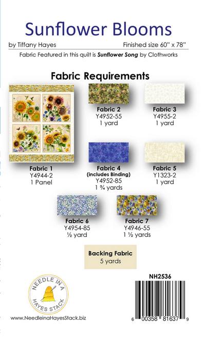 Sunflower Blooms Panel Blocks Quilt PATTERN, Needle in a Hayes Stack NH2536, Fabric Panel Friendly Throw Quilt Pattern