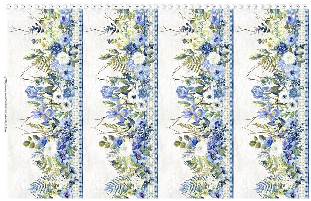 Sanctuary - Blue Cream Floral Repeating Border Print Fabric, In the Beginning 1SA-1, Border Stripe Fabric