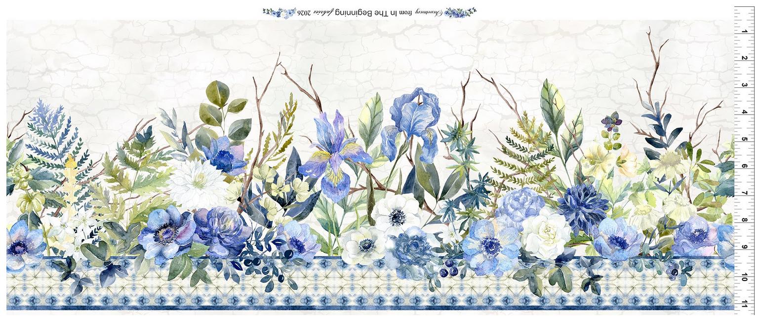 Sanctuary - Blue Cream Floral Repeating Border Print Fabric, In the Beginning 1SA-1, Border Stripe Fabric