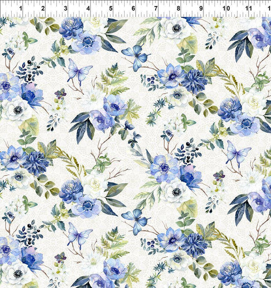 Sanctuary - Cream Blue Lace Floral Fabric, In the Beginning 3SA-1, Blue Flowers on Cream Fabric