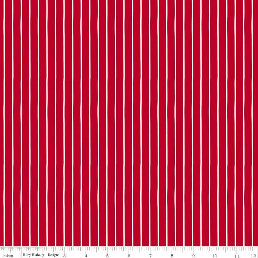 Radiant Ruby - Red White Striped Fabric, Riley Blake C17264-Schoolhouse, White Pin Stripe on Schoolhouse Red Fabric, By the Yard