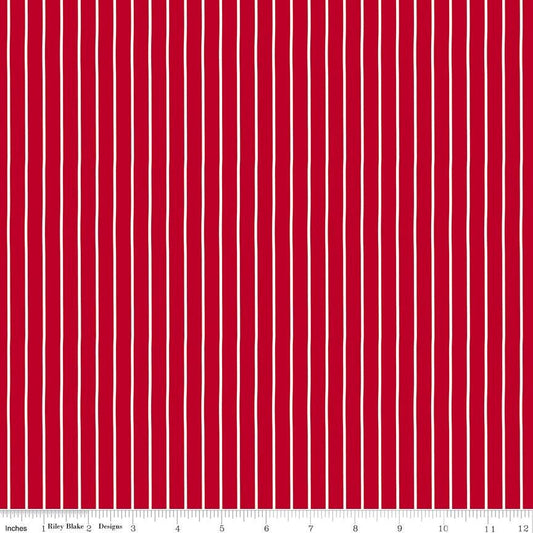 Radiant Ruby - Red White Striped Fabric, Riley Blake C17264-Schoolhouse, White Pin Stripe on Schoolhouse Red Fabric, By the Yard