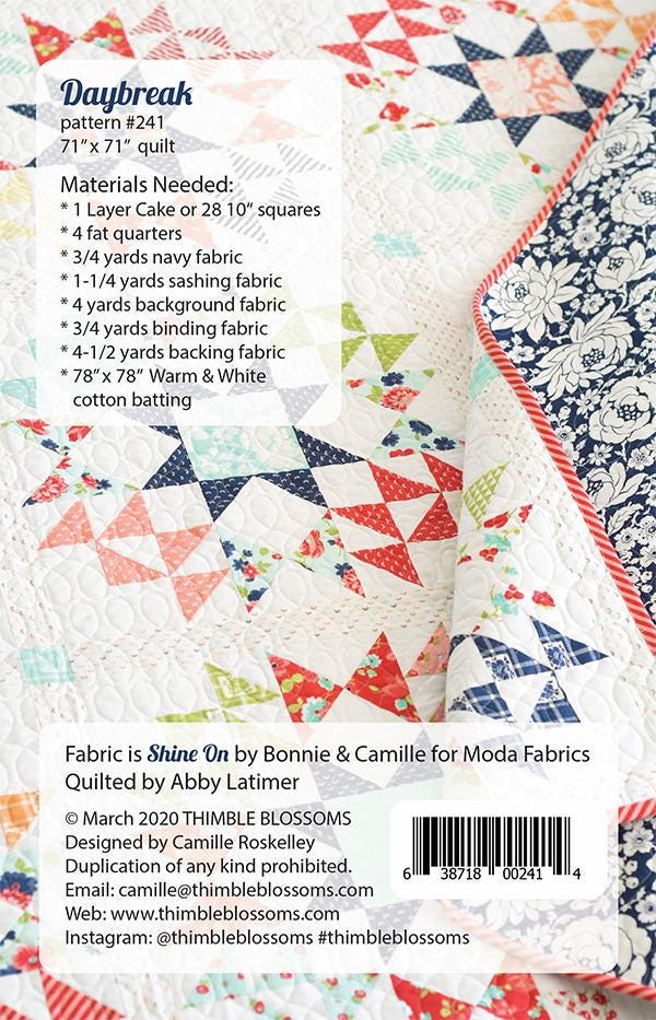 Daybreak Quilt Pattern, Thimble Blossoms TBL241, Layer Cake Friendly HST Starburst Square Throw Quilt Pattern, Camille Roskelley