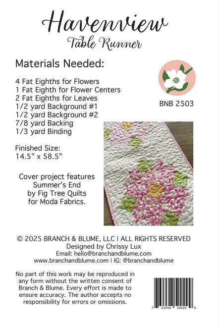 Havenview Table Runner Quilt Pattern, Branch and Blume BNB2503, Fat Eighths Yardage Friendly Flower Table Runner Quilt Pattern, Chrissy Lux