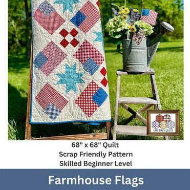 Farmhouse Flags Quilt Pattern, Easy Piecy Quilts EPQ134, Yardage Friendly American Flags Stars Patriotic Throw Quilt Pattern