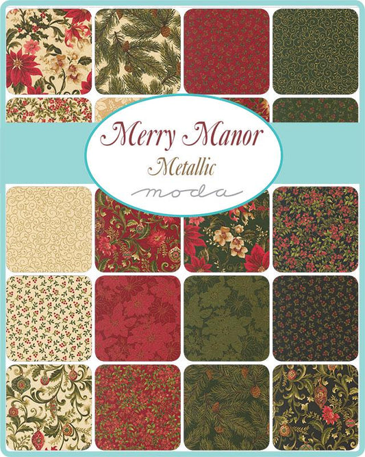 Merry Manor 2025 Metallic 5" Charm Pack, Moda 33860PPM, 5" Precut Traditional Christmas Xmas Charm Pack Fabric Squares