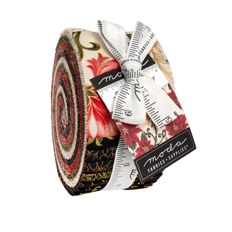 Merry Manor Metallic 2.5" Jelly Roll, Moda 33860JRM, 2.5" Precut Gold Metallic Traditional Christmas Xmas Jelly Roll Fabric Strips
