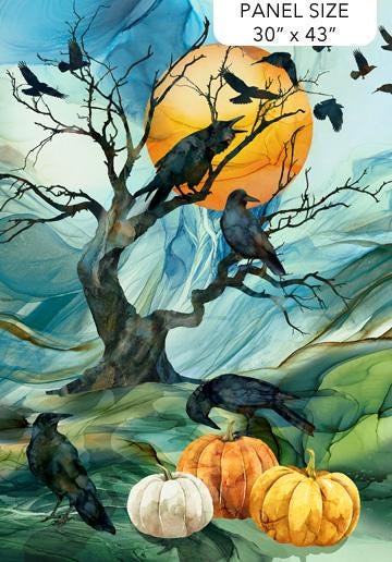 Raven's Call 30" Halloween Quilt Panel Fabric, Northcott DP28945-66, Crows in Tree Pumpkins Moon Fabric, Edwards Samra, By the Yard