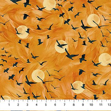 Raven's Call - Flying Ravens on Orange Halloween Fabric, Northcott DP28948-54 Orange, Halloween Crows Fabric, Edwards Samra, By the Yard