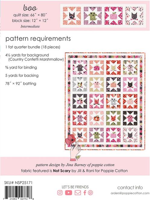 Boo Quilt Pattern, Poppie Cotton NSP25171, Fat Quarter FQ Friendly Halloween Stars Sampler Throw Quilt Pattern
