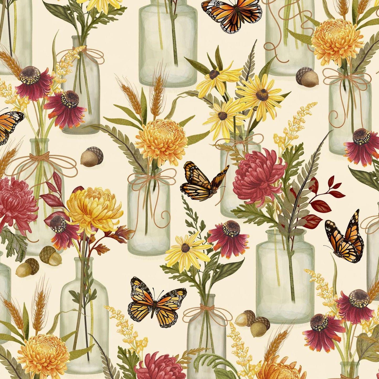 Monarch Meadow 5" Charm Squares, White Owl Fabrics MONARCHMEADOW-05, 5" Precut Monarch Butterfly Butterflies Floral Quilt Fabric Squares