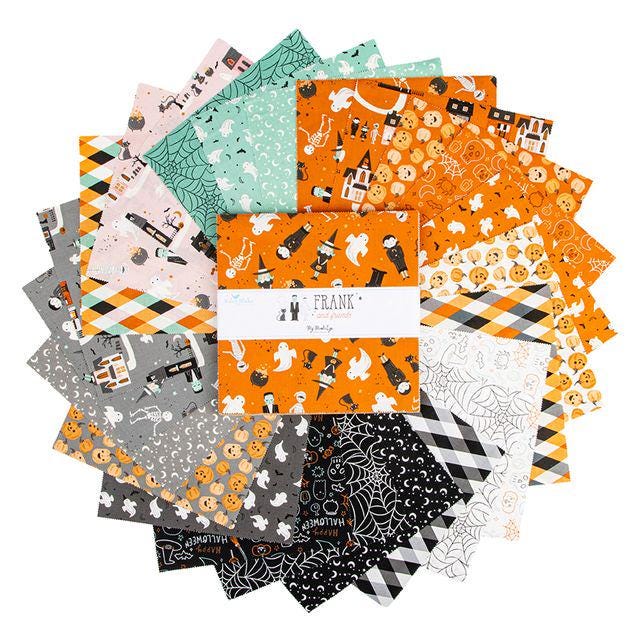 Frank and Friends Halloween 10" Stacker, Riley Blake 10-17470-42, 10" Precut Pink Orange Green Black Halloween Quilt Fabric, My Mind's Eye