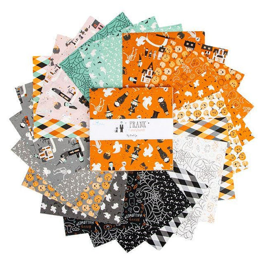 Frank and Friends Halloween 10" Stacker, Riley Blake 10-17470-42, 10" Precut Pink Orange Green Black Halloween Quilt Fabric, My Mind's Eye