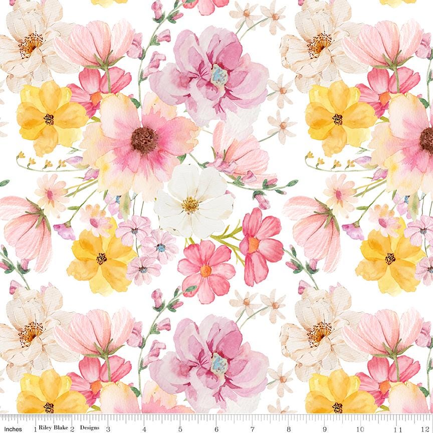 Painted Petals 5" Stacker, Riley Blake 5-17590-42, 5" Precut Pink Blue Green Yellow Floral Charm Pack Fabric Squares, Lila Tueller