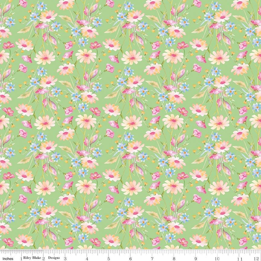 Painted Petals 5" Stacker, Riley Blake 5-17590-42, 5" Precut Pink Blue Green Yellow Floral Charm Pack Fabric Squares, Lila Tueller