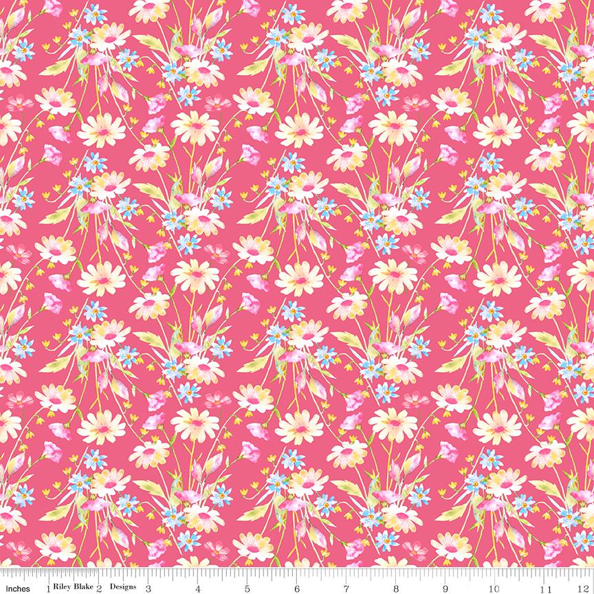 Painted Petals 5" Stacker, Riley Blake 5-17590-42, 5" Precut Pink Blue Green Yellow Floral Charm Pack Fabric Squares, Lila Tueller