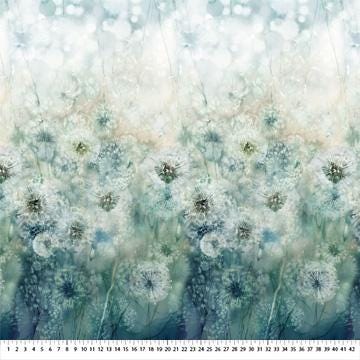 Whisper - Dandelions Full Width Floral Border Fabric, Northcott DP28701-68 Teal Multi, Dandelion Floral Border Print Fabric, By the Yard