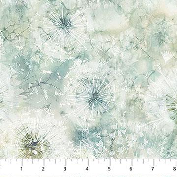 Whisper 10" Tiles, Northcott TWHISPER42-10, 10" Precut Teal Green Cream Floral Dandelions Cotton Quilt Fabric Squares
