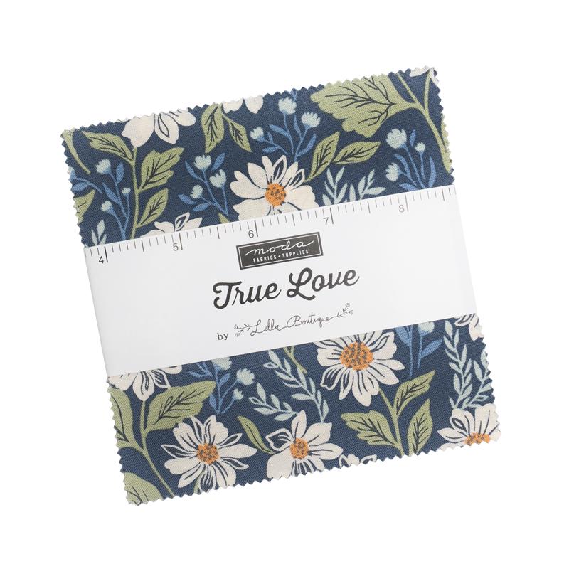 True Love 5" Charm Pack, Moda 5260PP, 5" Precut Blue Green Tan Floral Fabric Squares, Lella Boutique