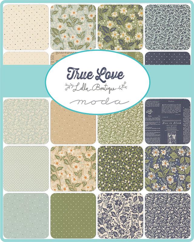 True Love 5" Charm Pack, Moda 5260PP, 5" Precut Blue Green Tan Floral Fabric Squares, Lella Boutique