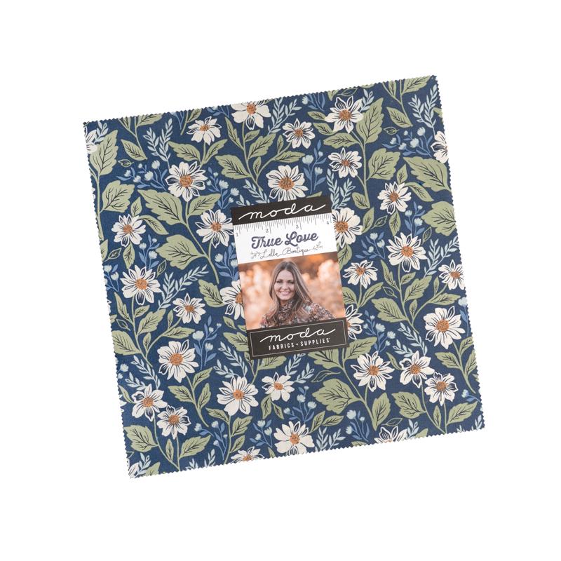 True Love 10" Charm Pack, Moda 5260LC, 10" Precut Blue Green Tan Floral Fabric Squares, Lella Boutique