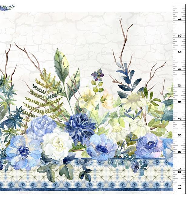 Sanctuary - Blue Cream Floral Repeating Border Print Fabric, In the Beginning 1SA-1, Border Stripe Fabric