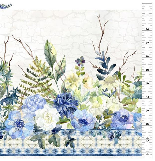 Sanctuary - Blue Cream Floral Repeating Border Print Fabric, In the Beginning 1SA-1, Border Stripe Fabric