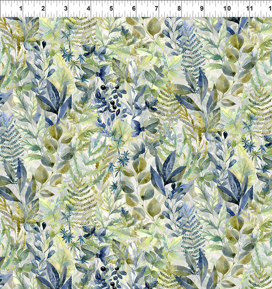 Sanctuary - Green Blue Leaves Fabric, In the Beginning 4SA-1, Blue Green Foliage Leaf Fern Fabric