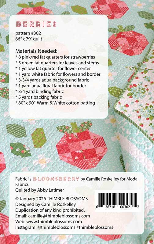 Berries Quilt Pattern, Thimble Blossoms TB3.2, Fat Quarter Friendly Strawberry Strawberries Flower Blossoms Throw Quilt Pattern