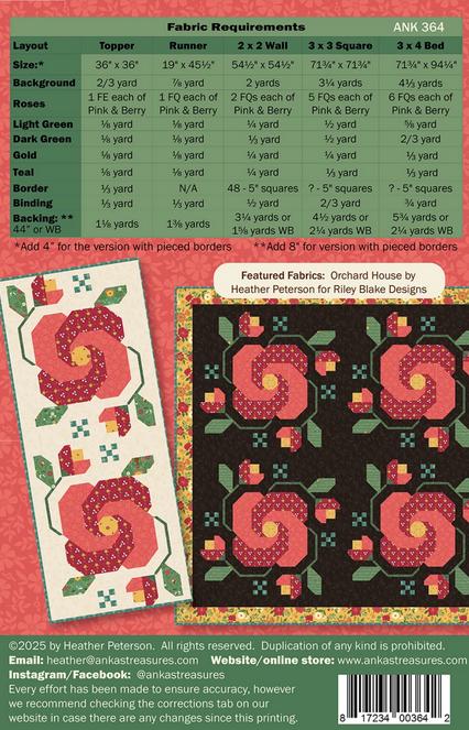 Rose in Bloom Quilt Pattern, Anka's Treasures ANK364, Fat Eighths Quarters Friendly Roses Flowers Table Quilt Pattern