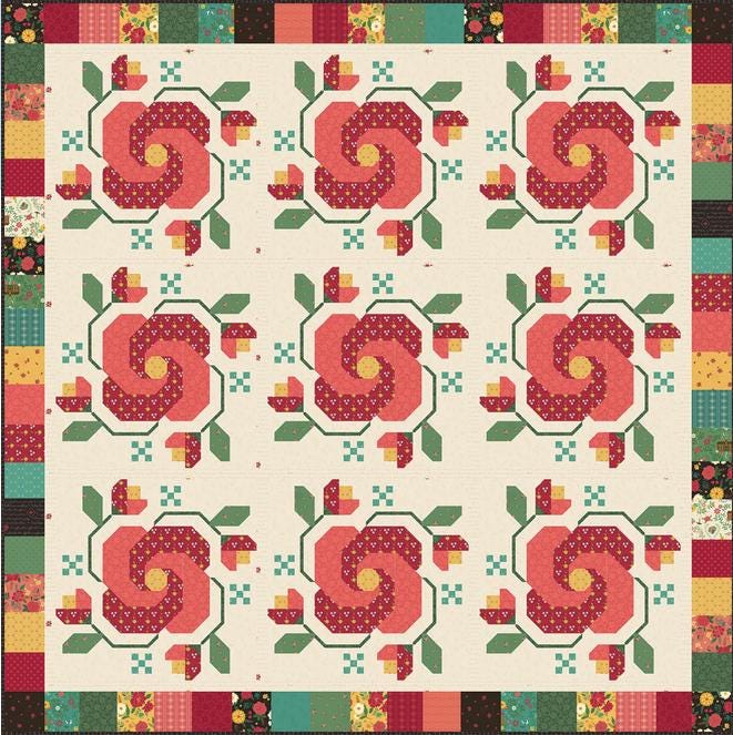 Rose in Bloom Quilt Pattern, Anka's Treasures ANK364, Fat Eighths Quarters Friendly Roses Flowers Table Quilt Pattern