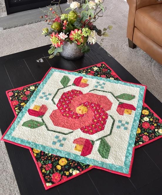Rose in Bloom Quilt Pattern, Anka's Treasures ANK364, Fat Eighths Quarters Friendly Roses Flowers Table Quilt Pattern