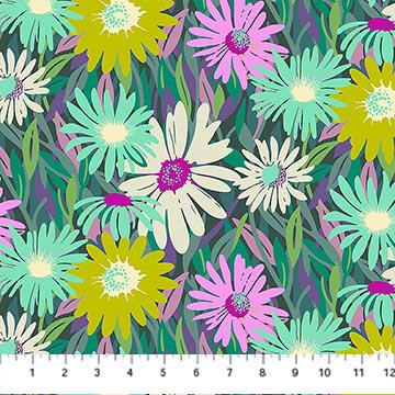 Daisy Crush Tiles, Figo TDAISY42-10, 10" Precut Pink Orange Green Teal Floral Layer Cake Fabric Squares, Heather Bailey