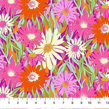 Daisy Crush - Large Print Floral Fabric, FIGO 91280-56 Violet Unchained, Pink Orange Green Floral Cotton Quilt Apparel Fabric, By the Yard