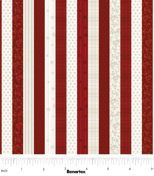 American Valor - Red White Striped Fabric, Benartex 1687410B, Quilt Look Patterned Patriotic Stripe Cotton Quilt Fabric, Cheryl Haynes