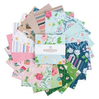 Correspondence 5" Stacker, Riley Blake 5-17560-42, 5" Precut Blue Green Pink Floral Fabric Squares, Beverly McCullough