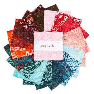 Expressions Batiks Poppy Seeds 5" Stacker, Riley Blake 5-23595-42, 5" Precut Pink Orange Teal Brown Batik Fabric Squares