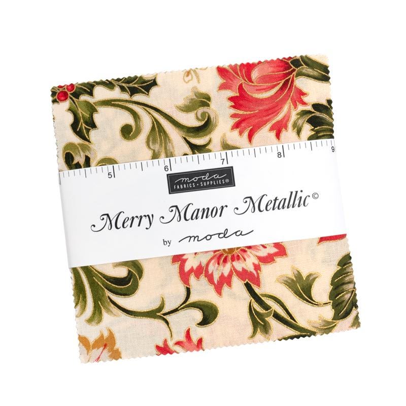 Merry Manor 2025 Metallic 5" Charm Pack, Moda 33860PPM, 5" Precut Traditional Christmas Xmas Charm Pack Fabric Squares