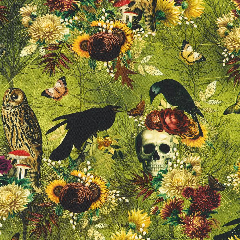 Ravenwood 5" Halloween Charm Squares, Robert Kaufman CHS-1394-42, 5" Precut Halloween Crows Skulls Floral Fabric Squares