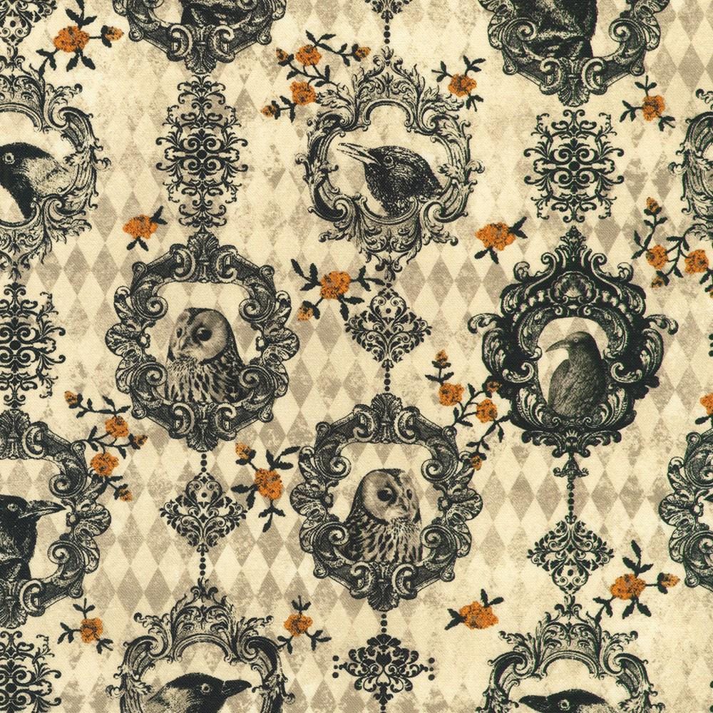 Ravenwood 5" Halloween Charm Squares, Robert Kaufman CHS-1394-42, 5" Precut Halloween Crows Skulls Floral Fabric Squares
