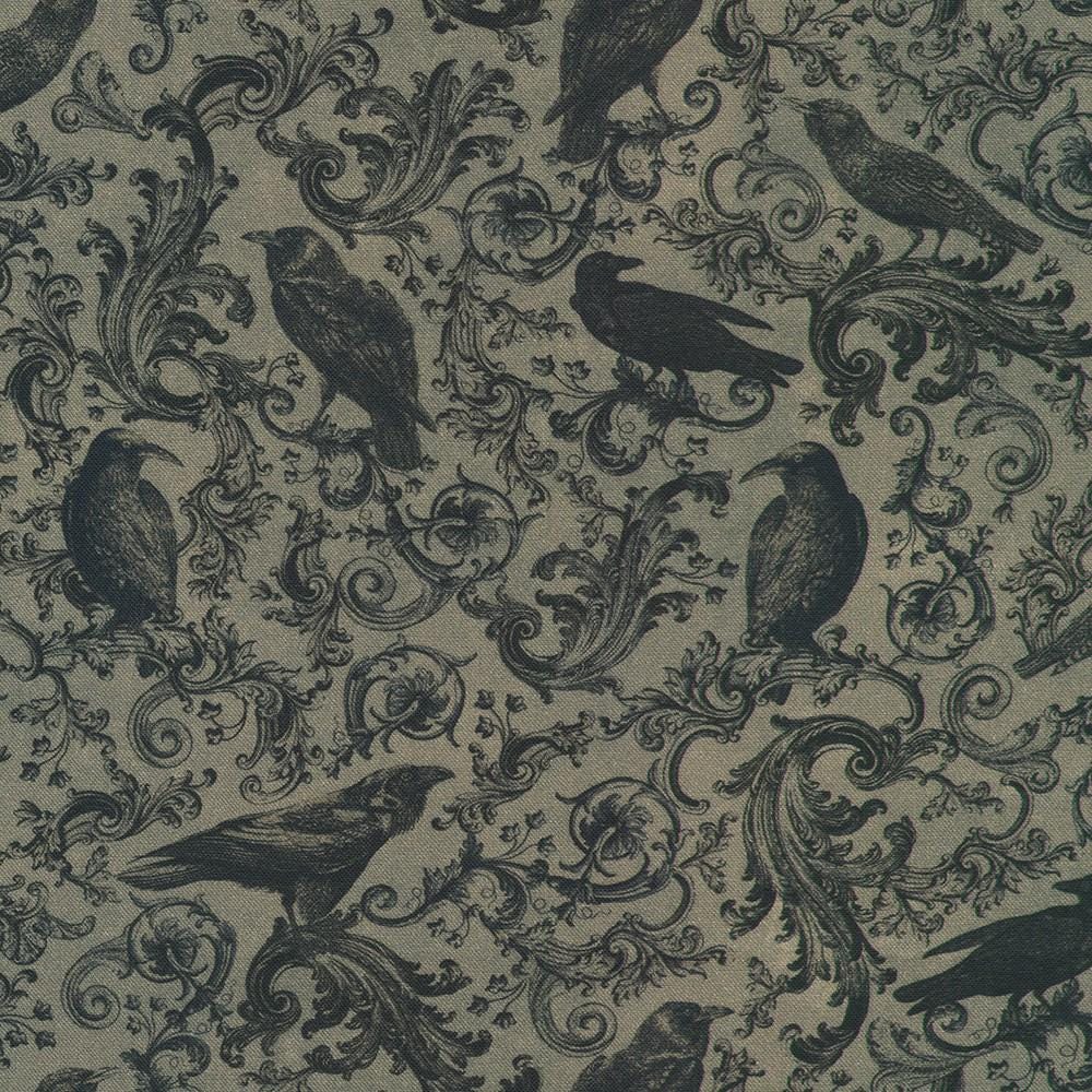 Ravenwood 5" Halloween Charm Squares, Robert Kaufman CHS-1394-42, 5" Precut Halloween Crows Skulls Floral Fabric Squares