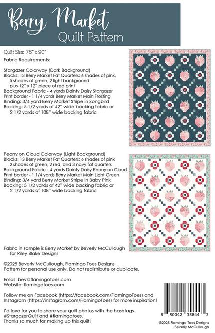 Berry Market Quilt Pattern, Flamingo Toes FT-8443, Fat Quarter FQ Friendly Strawberries Blossoms Throw Quilt Pattern, Beverly McCullough