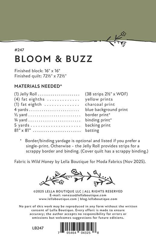 Bloom and Buzz Quilt Pattern, Lella Boutique LB247, Jelly Roll Strip Friendly Flowers Bee Hives Throw Bed Quilt Pattern
