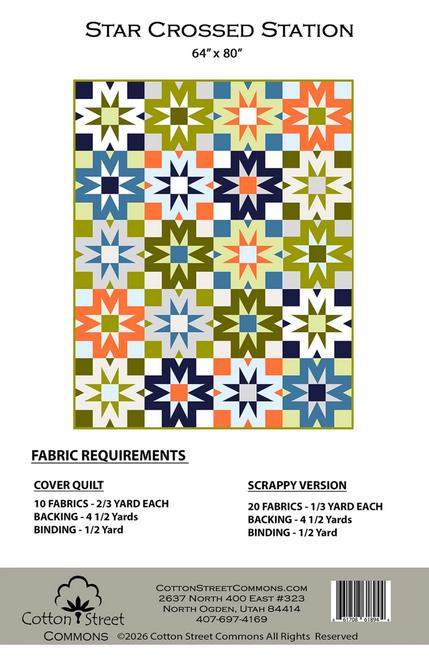 Star Crossed Station Quilt Pattern, Cotton Street Commons CSC263, Yardage Friendly Stars Throw Quilt Pattern