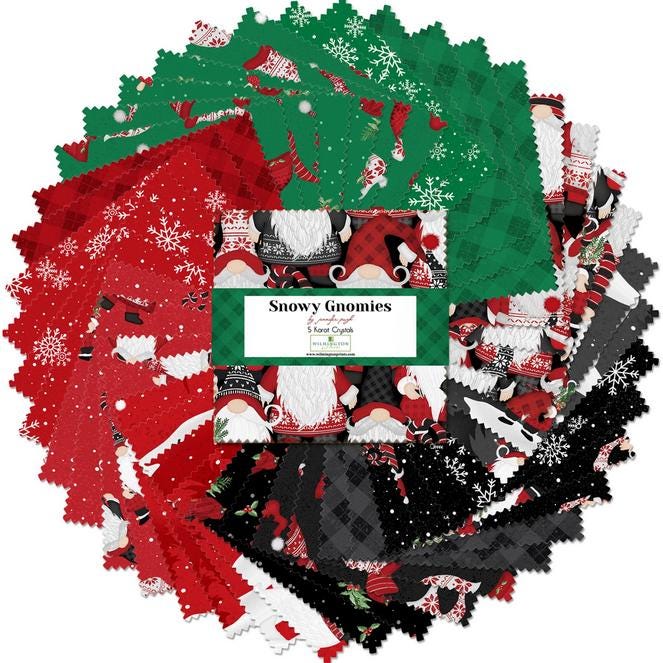Snowy Gnomies 5 Karat Crystals, Wilmington Prints 897-508, Precut 5" Christmas Gnomes Fabric Squares Charm Pack