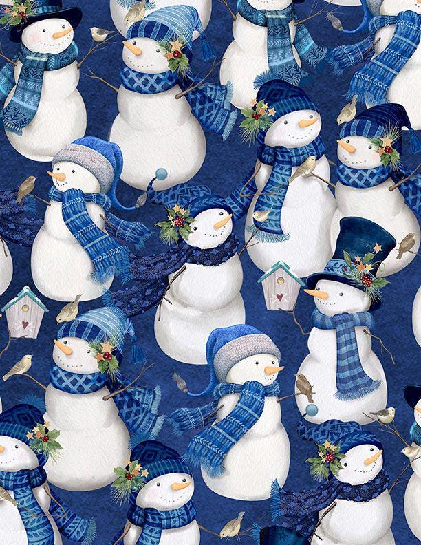 Let It Snow Man 5 Karat Crystals, Wilmington Prints 899-508, Precut 5" Blue White Gray Christmas Winter Snowman Fabric Squares Charm Pack