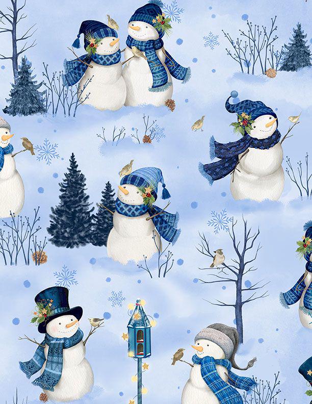 Let It Snow Man 5 Karat Crystals, Wilmington Prints 899-508, Precut 5" Blue White Gray Christmas Winter Snowman Fabric Squares Charm Pack