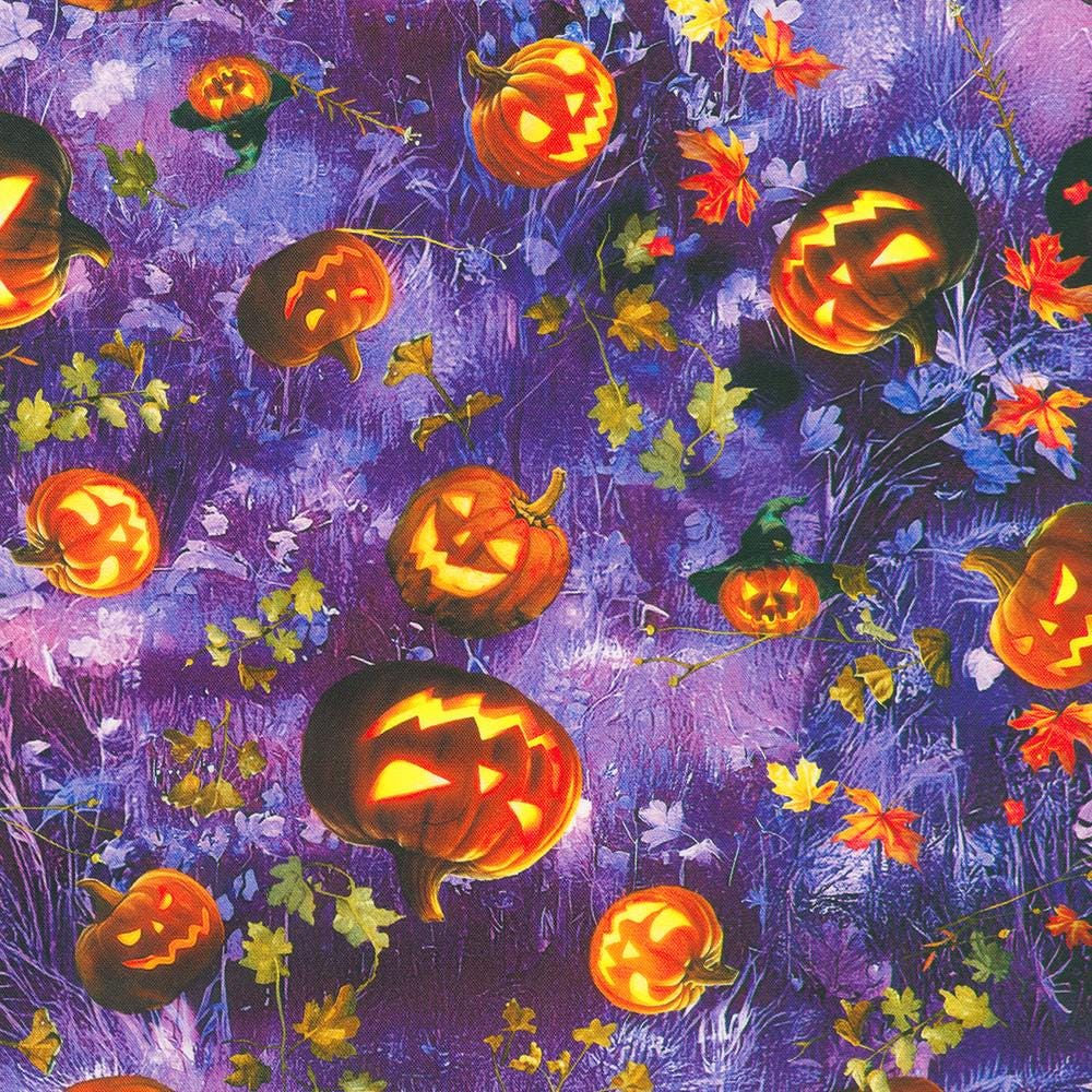 Moon Spell - Halloween Pumpkins Jack O Lanterns on Purple Fabric, Robert Kaufman APYD-23692-234 Wisteria, Halloween Fabric, By the Yard