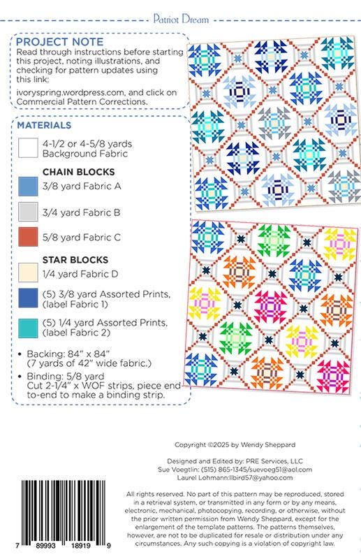 Patriot Dream Quilt Pattern, Wendy Sheppard WS19, Yardage Friendly Stars Nine Patches Square Throw Quilt Pattern