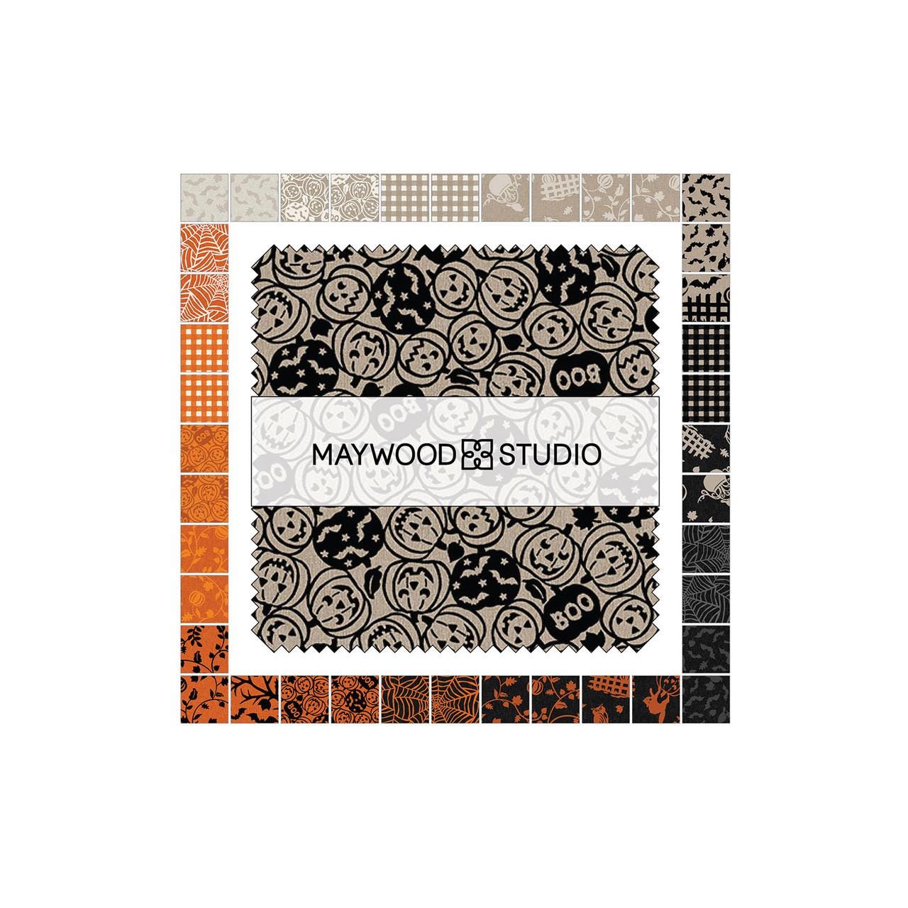 Pumpkin Grove 5" Charm Pack, Maywood Studio CP-MASPUGR, 5" Precut Orange Black Taupe Cream Halloween Fabric Squares